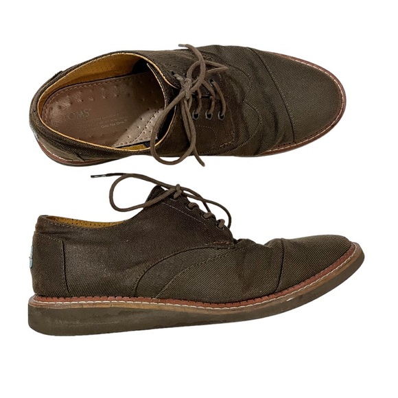 TOMS Brogue Canvas Oxford Shoes Lace up Wingtip Brown Casual Dress 9.5 - Picture 2 of 6